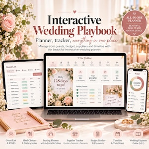 Op de afbeelding: Een interactieve trouwplanner weergegeven op een laptop, tablet en smartphone. Het scherm toont een dashboard met gastenlijsten, budgettrackers en tijdlijnen. Tekst bevat Interactive Wedding Playbook, Guest List en Budget.
