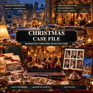 以下が含まれることがあります： インタラクティブな探偵ゲーム「The Christmas Case File」には、クリスマスパーティーが表示されたノートパソコン、6人の容疑者の肖像画が並ぶタブレット、スマートフォン、虫眼鏡、万年筆、懐中時計、そして封筒の束が含まれています。