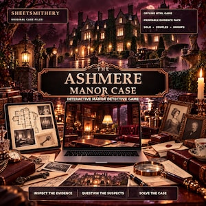 May include: The Ashmere Manor Case interactive detective game features a laptop displaying a library interior, a tablet with floor plans and a key, a magnifying glass, a fountain pen, and framed portraits on a desk before a dark manor house.