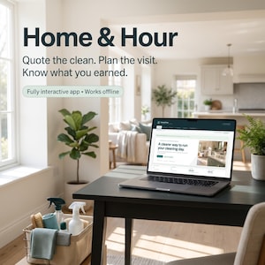 May include: A laptop displaying the Home & Hour app interface on a black desk. The screen shows the text A clearer way to run your cleaning day. Nearby, a beige basket contains cleaning supplies including spray bottles and cloths.