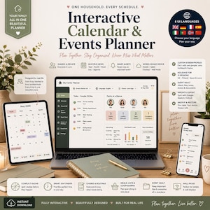 May include: An interactive digital calendar and events planner displayed on a laptop, tablet, and smartphone. The interface shows a family schedule with daily tasks, appointments, and event tracking. The design includes text labels, icons, and a clean layout for organising household activities, syncing across devices, and managing shared family calendars.
