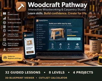 Può includere: Un portatile e uno smartphone che mostrano l'interfaccia Woodcraft Pathway, con 32 lezioni guidate, 8 livelli e 4 progetti. Lo schermo mostra un progetto di sgabello in legno, una dashboard e testo come Plan, Measure, Build, Improve e Better Things Build People.