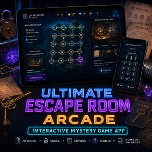 May include: A tablet and smartphone displaying the Escape Room Arcade interactive mystery game app. The screens show an adventure map with 20 rooms, a clockwork study objective, and a numeric keypad. The text reads Ultimate Escape Room Arcade.