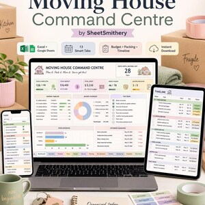 May include: A digital moving house command centre displayed on a laptop, tablet, and smartphone. The interface features a dashboard with a moving timeline, budget overview, and task lists. The text includes Moving House Command Centre, SheetSmithery, and Organised today, settled tomorrow.