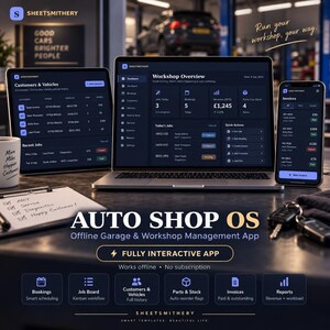 May include: A laptop, tablet, and smartphone displaying the Auto Shop OS workshop management app interface. The screens show dashboards for customers, vehicles, and invoices. A notepad with handwritten text and car keys are visible on the desk.