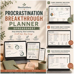 May include: A digital productivity tool titled Procrastination Breakthrough Planner Spreadsheet. It features a dashboard with task metrics, a break-down task list, and a momentum log. The layout includes text, charts, and icons for tracking progress.