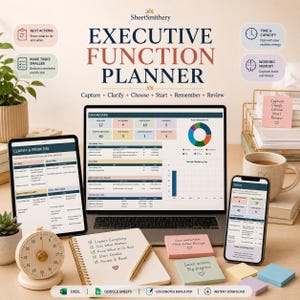 May include: An Executive Function Planner digital dashboard displayed on a laptop, tablet, and smartphone. The screen shows task lists, charts, and progress trackers. A spiral notebook, a gold pen, a timer, and sticky notes are on the desk.