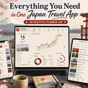 May include: A laptop, smartphone, and tablet displaying the Japan Travel Planner app interface. The screens show a route map, itinerary, budget charts, and a list of places to go. The text reads Everything You Need in One Japan Travel App.