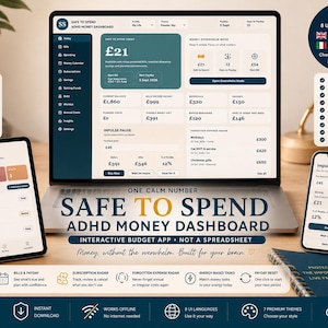 May include: A digital money dashboard displayed on a laptop, tablet, and smartphone screen. The interface features the text Safe to Spend ADHD Money Dashboard, with various financial tracking modules, budget categories, and currency values in British pounds.