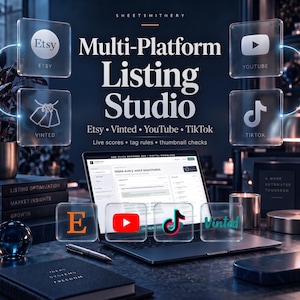May include: A laptop displaying the Multi-Platform Listing Studio software interface, surrounded by translucent glass icons for Etsy, YouTube, TikTok, and Vinted. The dark workspace includes a notebook, a pen, and text reading "Make every word searchable."