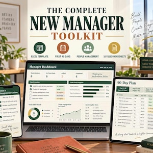 Puede incluir: El conjunto de productos digitales The Complete New Manager Toolkit mostrado en una computadora portátil, tableta y teléfono inteligente. Las pantallas muestran un panel de control, un plan de 90 días y acciones de gestión en tonos verde, blanco y marrón.