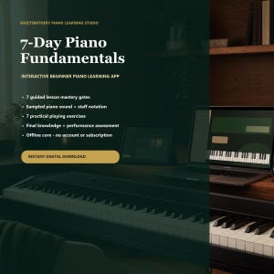Puede incluir: Una aplicación de aprendizaje de piano titulada 7-Day Piano Fundamentals de SheetSmithery. La interfaz muestra siete niveles de lecciones guiadas, sonido de piano muestreado, notación musical, siete ejercicios prácticos y una evaluación.