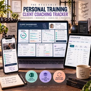 Peut inclure: Un outil numérique de suivi de coaching pour entraînement personnel affiché sur un ordinateur portable, une tablette et un smartphone. Les écrans présentent un tableau de bord client, des programmes et des mesures de progression.