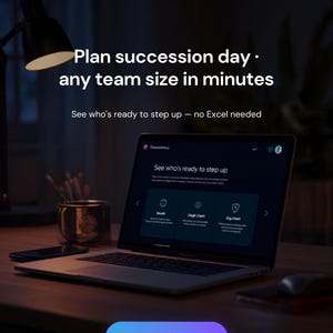 May include: A laptop displaying the Sheetsmithery interface with the text Plan succession day, any team size in minutes, See who's ready to step up — no Excel needed, and a button labeled Build Your Org Chart on a dark desk with a lamp.