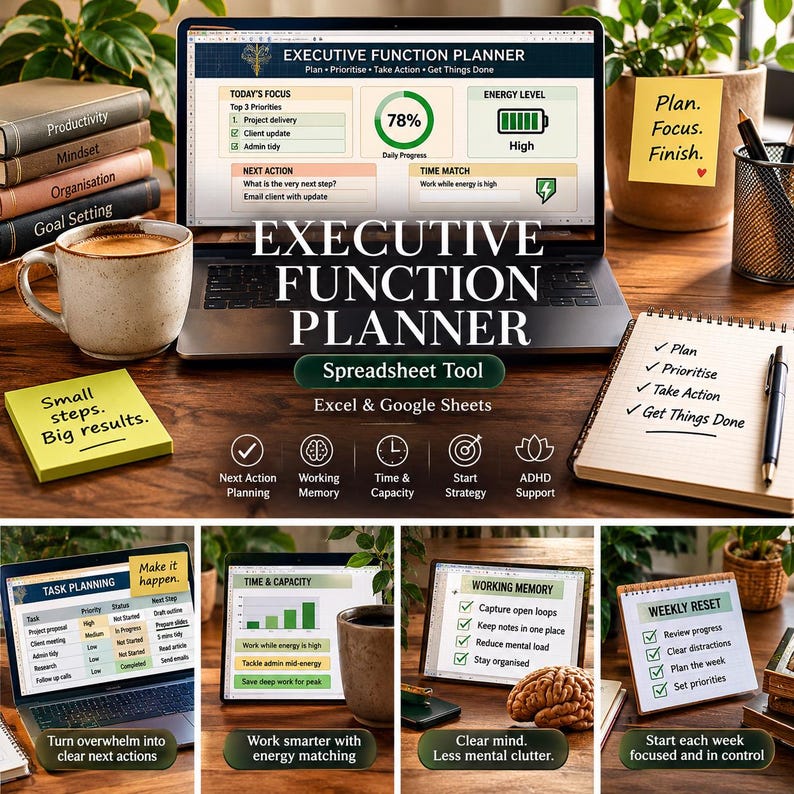May include: An Executive Function Planner spreadsheet tool for Excel and Google Sheets displayed on a laptop screen. The interface features sections for daily progress, energy levels, and task planning. Includes a coffee mug, sticky notes, and a notebook.