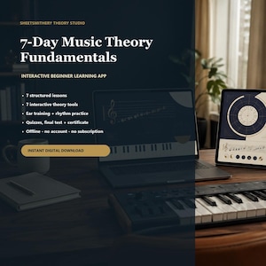 May include: A digital product advertisement for 7-Day Music Theory Fundamentals, an interactive beginner learning app. The text lists 7 structured lessons, 7 interactive theory tools, ear training, rhythm practice, quizzes, and a final test.