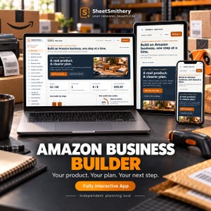 Op de afbeelding: Een laptop, tablet en smartphone met de SheetSmithery Amazon Business Builder interface. De schermen tonen projectplanningsdashboards met de tekst Build an Amazon business, one step at a time. De app heeft een donkere en lichte interface met oranje accenten, navigatiemenu's en voortgangsstatistieken.