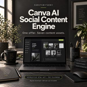 Peut inclure: Un ordinateur portable affichant l'interface Canva AI Social Content Engine, entouré d'une tasse noire avec du texte, d'un carnet, d'un pot à crayons et d'une souris. L'écran affiche One offer. Seven content assets et Interactive HTML APP.