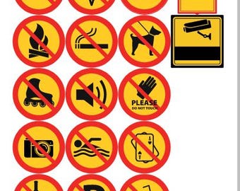 Sign Stickers No Smoking No Food Warning Signs SVG Bundle,, Vector Digital Files AI CDR Pdf, Commercial Use, Warning Icons Printable