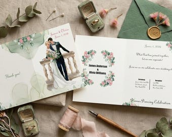 Floral Eucalyptus Bi-Fold Wedding Invitation Template, Hand-Painted Watercolor Design (CDR, PDF)