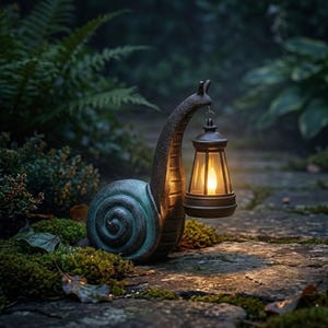 May include: A dark-toned snail sculpture with a textured spiral shell and an elongated neck. The snail holds a small, hanging lantern from its head, which emits a warm, glowing light from within its glass and metal frame structure.