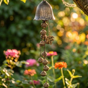 Può includere: Una campana a vento color bronzo con una parte superiore a forma di campana e perline decorative sospese e dettagli di foglie. La campana è sospesa a un ramo di un albero in un giardino con fiori colorati sullo sfondo.