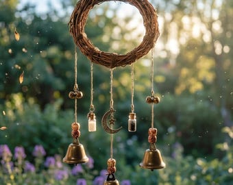 Campanas de protección de ratán hechas a mano con botellas de bendiciones y amuleto lunar.