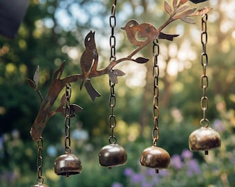 Iron Bird Wind Chime Rustic Double Birds on Branch, 5 Courtyard Bells
