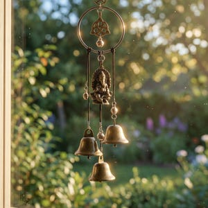 Op de afbeelding: Een bronzen windgong met een cirkelvormige bovenkant, een Keltische knoop en een klein standbeeld van Ganesha. De windgong heeft drie bellen van verschillende grootte en diverse decoratieve kralen. De achtergrond is een wazig uitzicht op een groene, bladerrijke buitenscène.