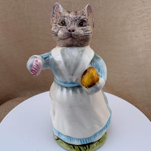 May include: A ceramic cat figurine wearing a white apron over a blue dress. The cat has brown tabby markings and holds a small pink oval object with the word soap printed on it in one hand and a round yellow object in the other hand.