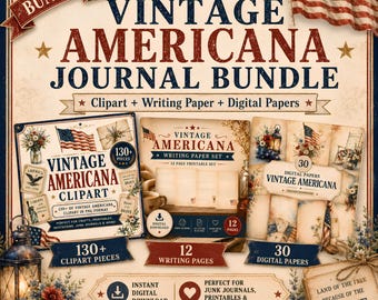 Vintage Americana Journal bundel, afdrukbare junk Journal Kit, Americana clipart, schrijfpapier, digitale papers, patriottische tijdschriftpagina's