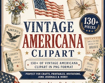 Vintage Americana clipartbundel | Patriottische digitale afbeeldingen | 300 dpi kortstondige | Plakboekelementen voor ongewenste dagboeken