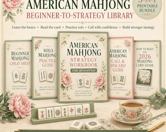 May include: A 5-in-1 American Mahjong printable bundle featuring a strategy workbook, cheat sheet, practice guide, call and discard guide, and 2026 card guide. Includes a tile rack with six tiles, a floral teacup, and a gold pen on a cream background.
