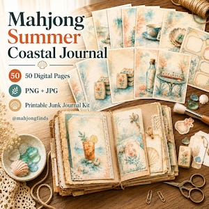 Op de afbeelding: Een Mahjong Summer Coastal Journal kit met 50 digitale pagina's in PNG- en JPG-formaat. De set bevat bedrukte kaarten met kust- en mahjongtegelillustraties, een fysiek dagboek, schelpen, glasstenen en een metalen schaar.