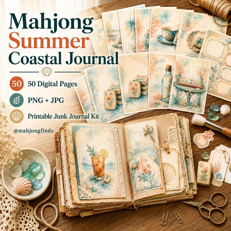 Op de afbeelding: Een Mahjong Summer Coastal Journal kit met 50 digitale pagina's in PNG- en JPG-formaat. De set bevat bedrukte kaarten met kust- en mahjongtegelillustraties, een fysiek dagboek, schelpen, glasstenen en een metalen schaar.