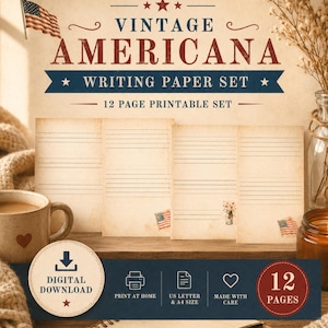 May include: Vintage Americana writing paper set with a digital download option. The design features an American flag, stars, and a rustic aesthetic. The set includes 12 printable pages, perfect for letters or notes.