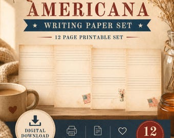 Vintage Americana gelinieerd papier afdrukbaar | Pagina's voor het schrijven van ongewenste dagboeken | Digitale download | Briefpapierset met 12 pagina's