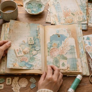 Op de afbeelding: Een open plakboek met pagina's versierd met collage-elementen, waaronder papieren uitsparingen van schelpen, koraal en mahjongtegels. De pagina's hebben een zacht blauw en beige kleurenpalet met vintage texturen en botanische patronen.