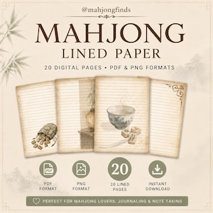 Może przedstawiać: Cyfrowy papier w linie o estetyce vintage. Obraz przedstawia cztery strony z poziomymi liniami i ilustracjami filiżanki herbaty, płytek mahjong i innych elementów inspirowanych Azją. Tekst brzmi "MAHJONG LINED PAPER" i "20 DIGITAL PAGES".