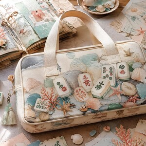Op de afbeelding: Een rechthoekige, cr&egrave;mekleurige stoffen tas met twee handvatten, voorzien van een print met verspreide mahjongtegels, schelpen, zeesterren en koraal. Een kleine decoratieve kwast met lichtgroene kralen hangt aan de rits aan de zijkant.