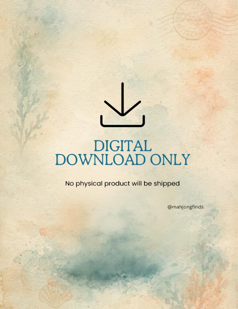 Op de afbeelding: Een digitale downloadmelding met een zwart downloadpictogram, de tekst DIGITAL DOWNLOAD ONLY en de tekst No physical product will be shipped, tegen een beige achtergrond met zachte blauwe en oranje aquareltexturen en zeemotieven.
