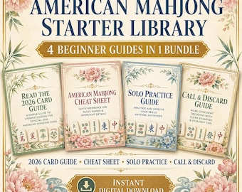 May include: A digital bundle titled American Mahjong Starter Library featuring four beginner guides. The set includes a 2026 card guide, a cheat sheet, a solo practice guide, and a call and discard guide, all decorated with floral and bamboo illustrations.