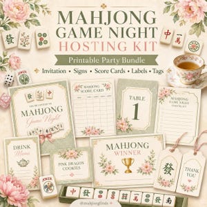 May include: A Mahjong Game Night hosting kit printable party bundle featuring invitations, score cards, table signs, checklists, drink menus, and tags. The set includes floral accents, Mahjong tiles, and text like Mahjong Winner and Thank You.