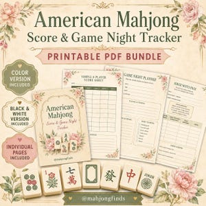 Puede incluir: Un paquete imprimible de hojas de puntuación y seguimiento de noches de juego de Mahjong americano con bordes florales, planificadores y notas. Incluye siete fichas de Mahjong con varios símbolos y el texto @mahjongfinds.