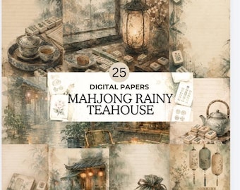 Mahjong-junkjournaalpagina's | Cosy Teahouse Digital Papers | Afdrukbare aquarel Ephemera-kit