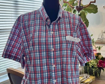 Upcycled IZOD Reworked Shirt: Ruffled Plaid Button-Down – Sustainable Preppy Style Coastal One of a Kind