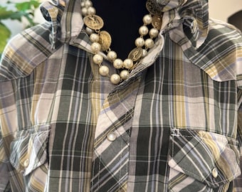 Upcycled Wrangler Western Pearl Snap Mens Vintage Reworked Shirt One of a Kind
