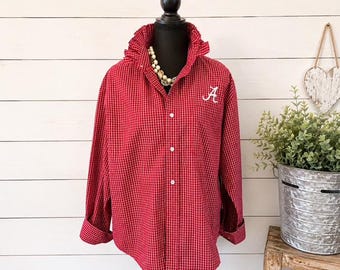 Crimson & White Ruffle Collar Blouse | Upcycled Women's Button-Down | Handmade Football Season Shirt | Southern Game Day Style