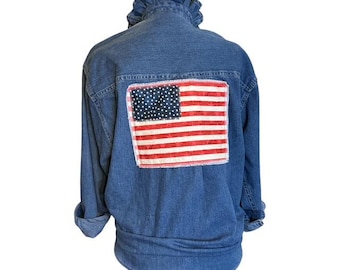 Upcycled Men's Denim Button Down Shirt Sustainable Fashion American Flag Applique