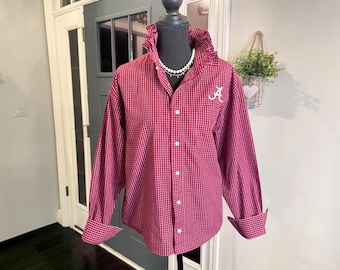 Upcycled Ruffle Collar Blouse | Crimson White Gingham Button-Down, Game Day Style